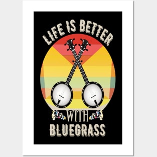 Life Is Better With Bluegrass, Retro Sunset Banjo Player Gift Posters and Art